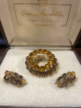 Vintage Yellow Crystal Circle Brooch and Clip-On Earrings Set -